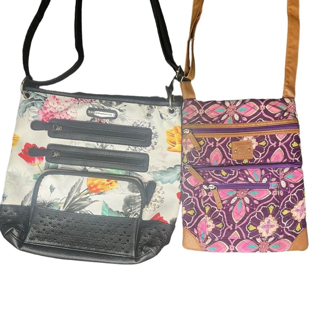 Stone Mountain Purse LOT Floral Leather Crossbody- Quilted Purple Paisley Cotton